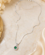 Elegant Green Gemstone Square-Halo Pendant Necklace