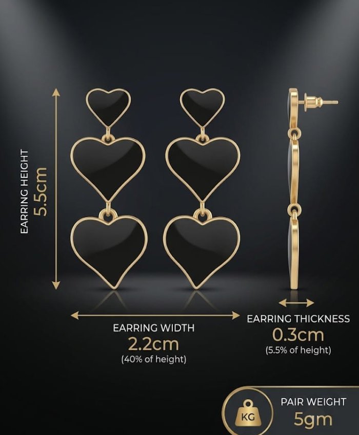 Elegant Black Heart Triple Drop Earrings