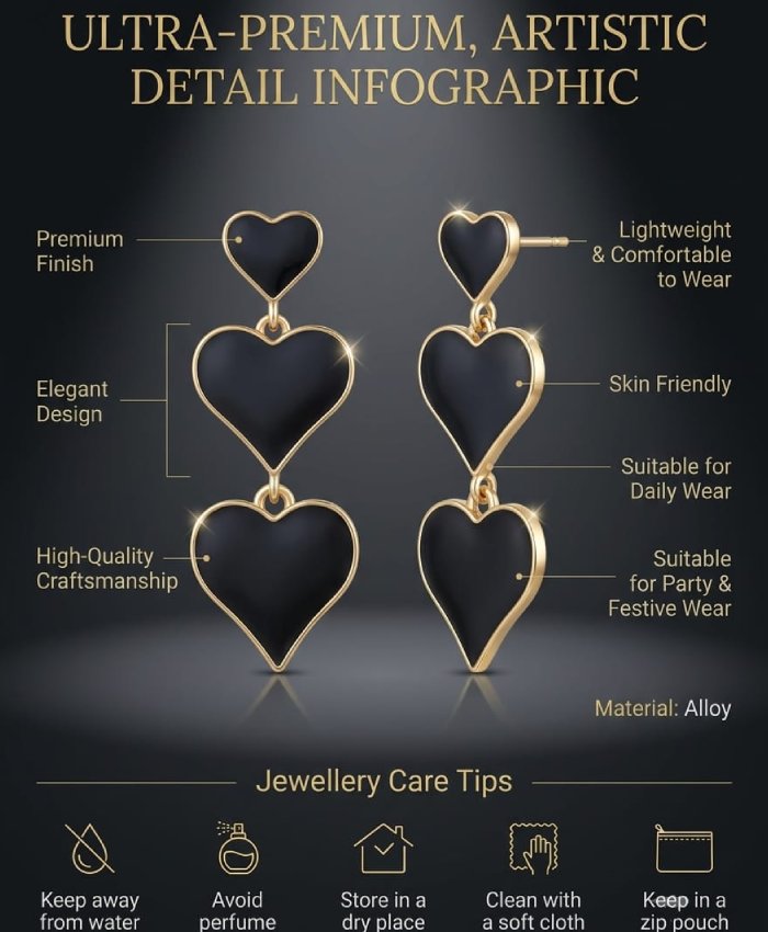 Elegant Black Heart Triple Drop Earrings