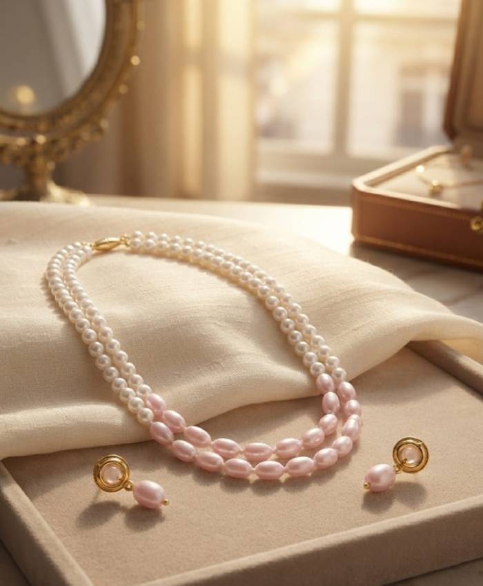 Double Strand Pearl Necklace & Earrings Set