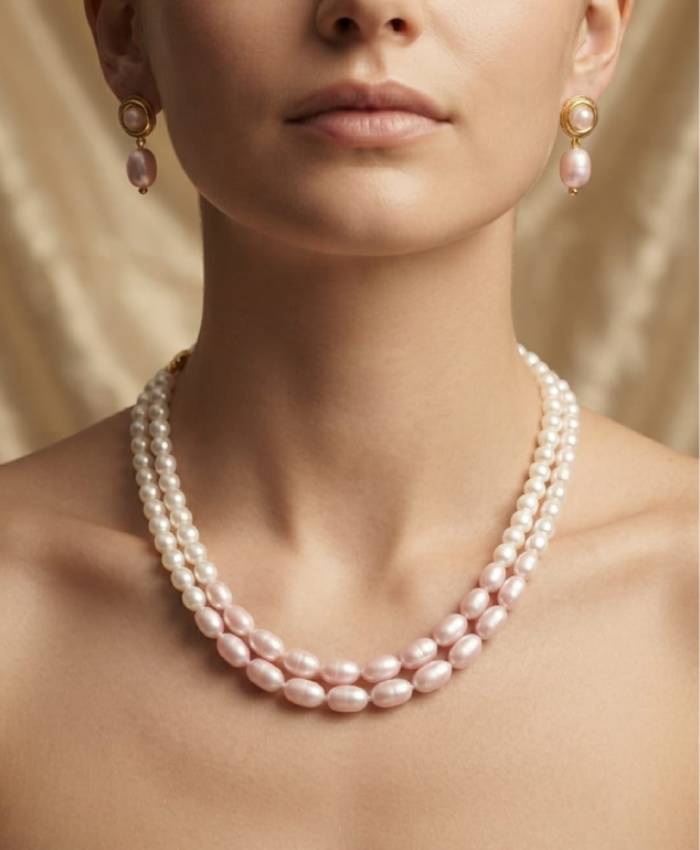 Double Strand Pearl Necklace & Earrings Set