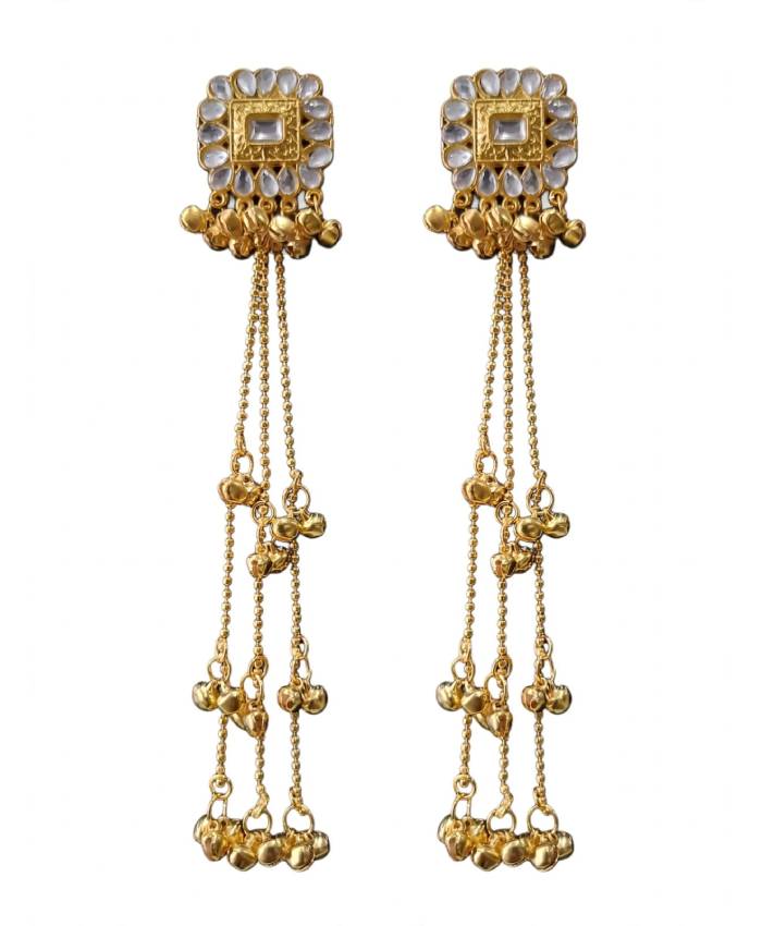 Gold Kundan-Style Long Chain Jhumka Drop Earrings