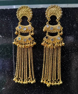 Gold-Tone Long Chain Earrings with Grey Stone Details