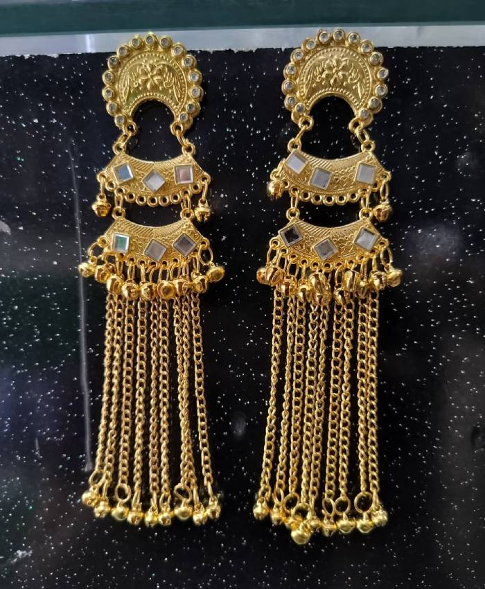 Gold-Tone Long Chain Earrings with Grey Stone Details