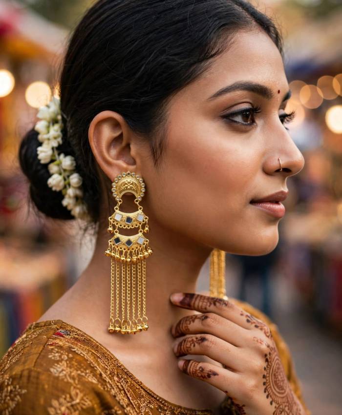 Gold-Tone Long Chain Earrings with Grey Stone Details