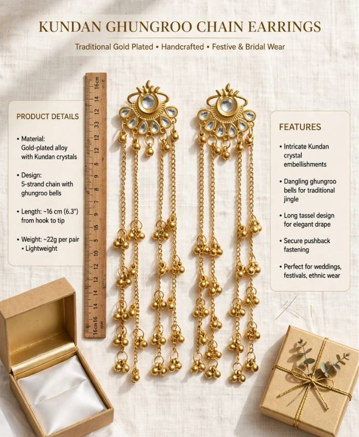 Gold-Tone Long Chain Earrings with Clear Stone Details