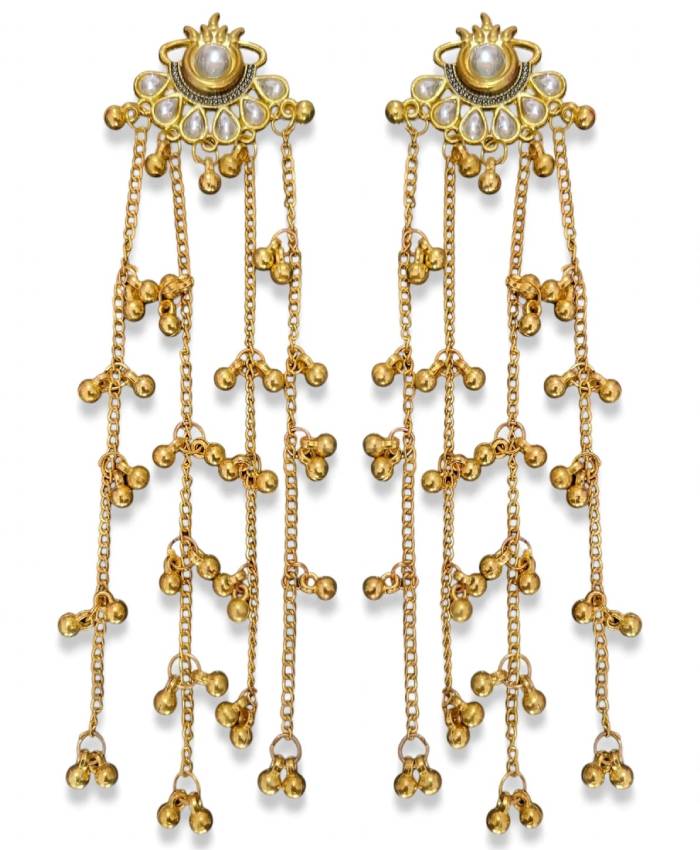 Gold-Tone Long Chain Earrings with Clear Stone Details