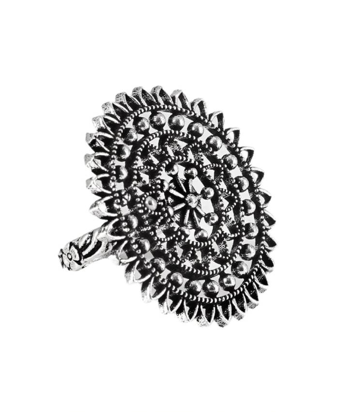 Silver-Tone Oxidised Floral Statement Ring