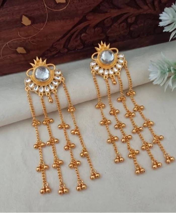 Gold-Tone Long Chain Earrings with Clear Stone Top
