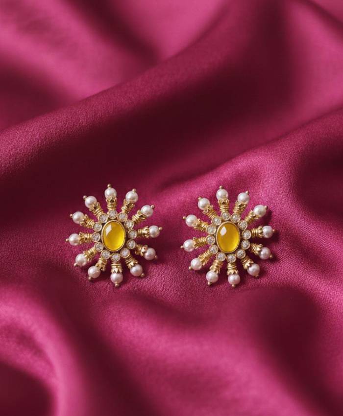 Gold-Tone Floral Stud Earrings with Coloured Stones