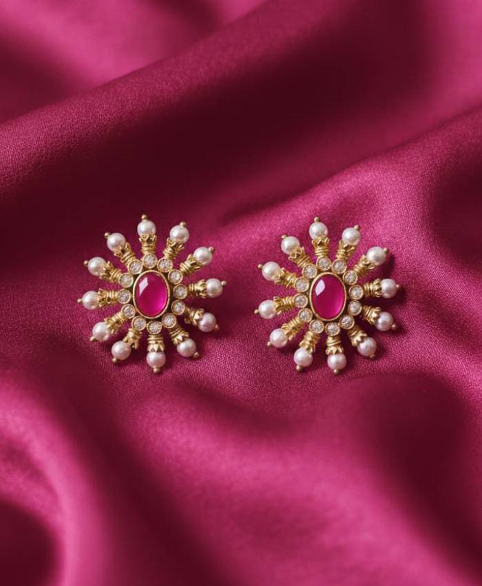 Gold-Tone Floral Stud Earrings with Coloured Stones