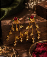 Gold-Tone Red Green Leaf Earrings