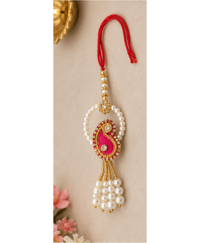 Pink Pearl Paisley Designer Lumba Rakhi