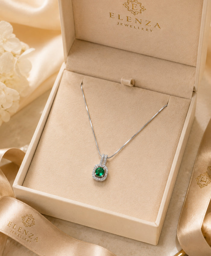 Elegant Green Gemstone Square-Halo Pendant Necklace