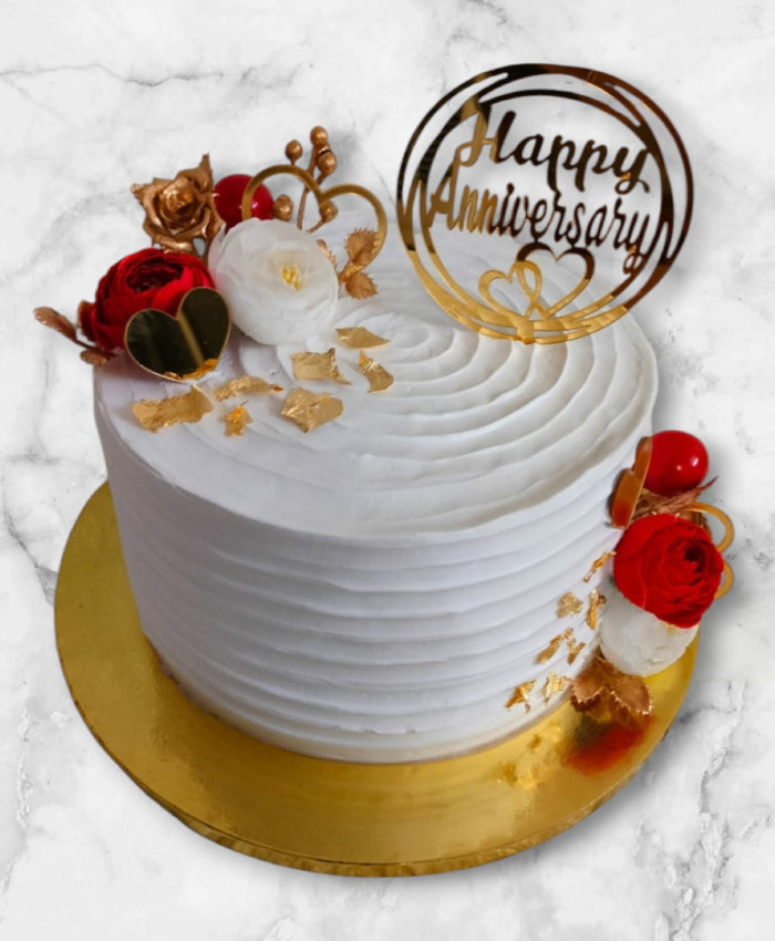 Elegant Happy Anniversary White Vanilla Cake with Red Roses