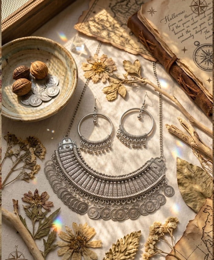 Oxidised Silver Coin Necklace and Earrings Set