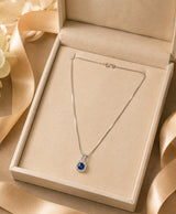 Elegant Blue Stone Halo Pendant Necklace for Women – Silver-Tone Statement Jewellery