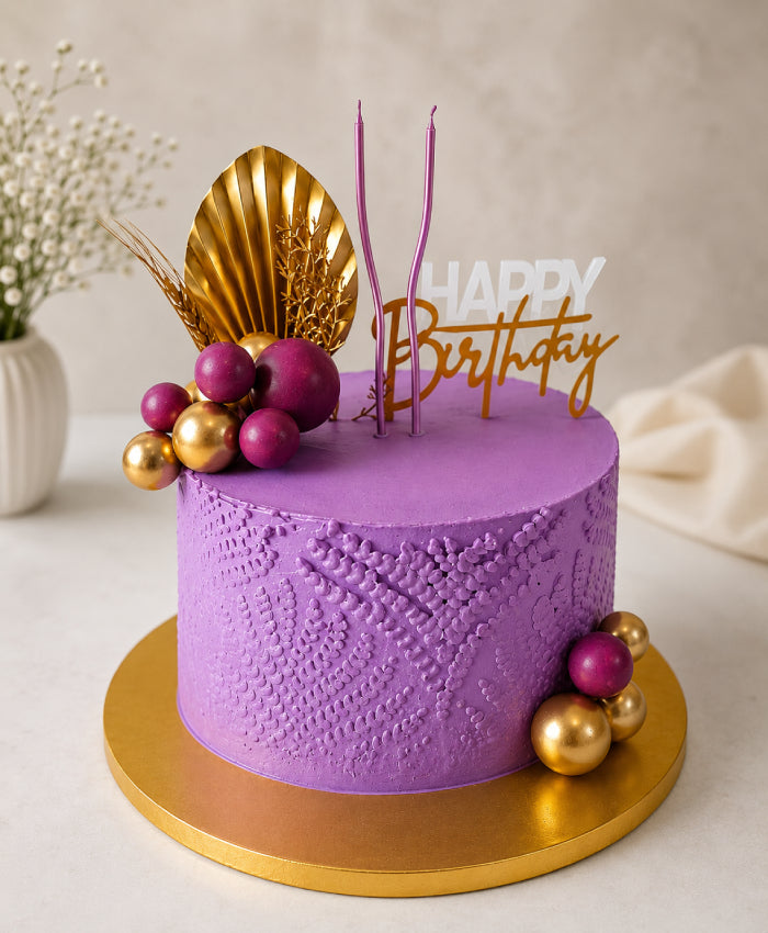 Textured Purple & Gold Palm Birthday Cake