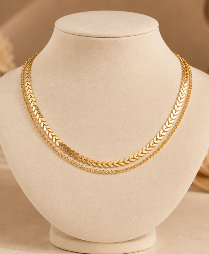 Gold-Tone Double-Layer Herringbone Chain Necklace