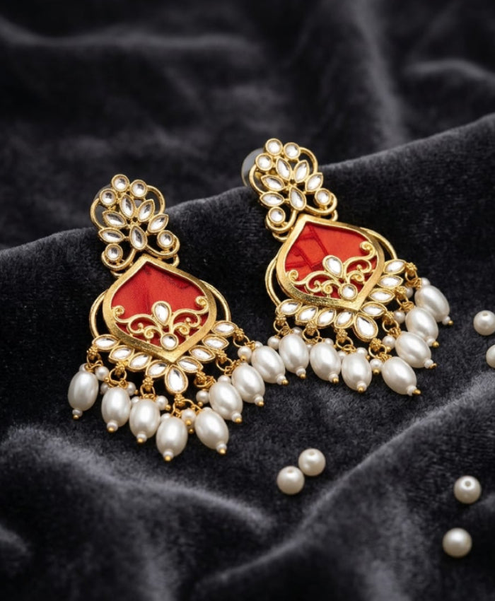 Gold-Tone Red Pearl Drop Earrings