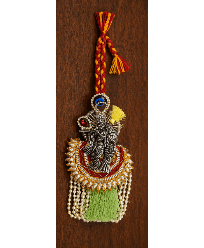 Premium Radha Krishna Designer Lumba Rakhi with Green Tassel