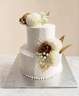 White Lace Textured Two-Tier Floral Wedding Cake