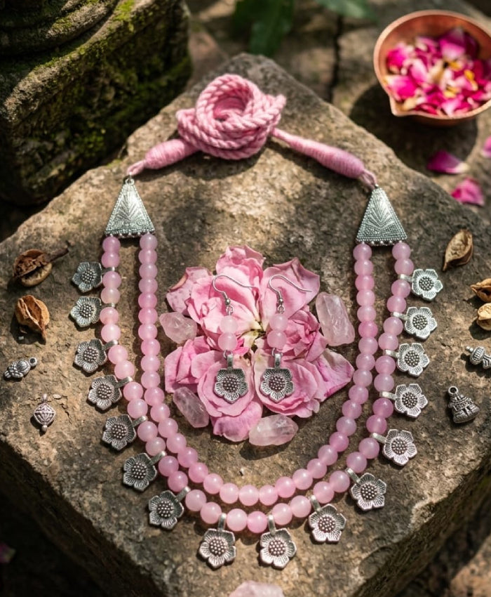 Pink Beaded Floral Tribal Necklace and Earrings Set