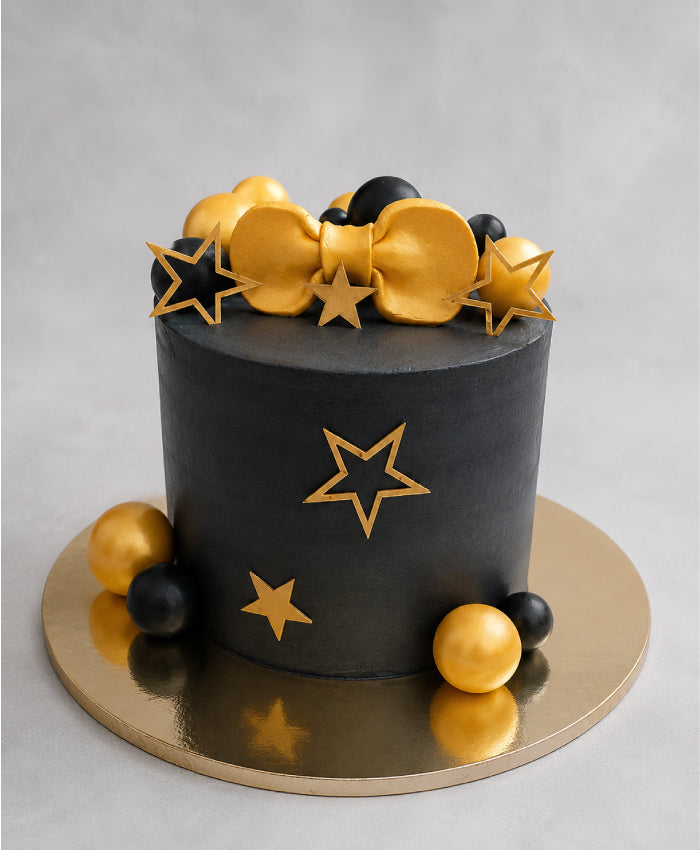 Charcoal Grey & Metallic Gold Bow Birthday Cake