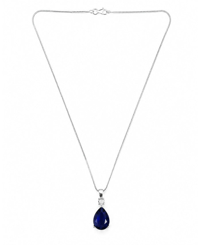 Sapphire Blue Teardrop Silver-Tone Pendant Necklace