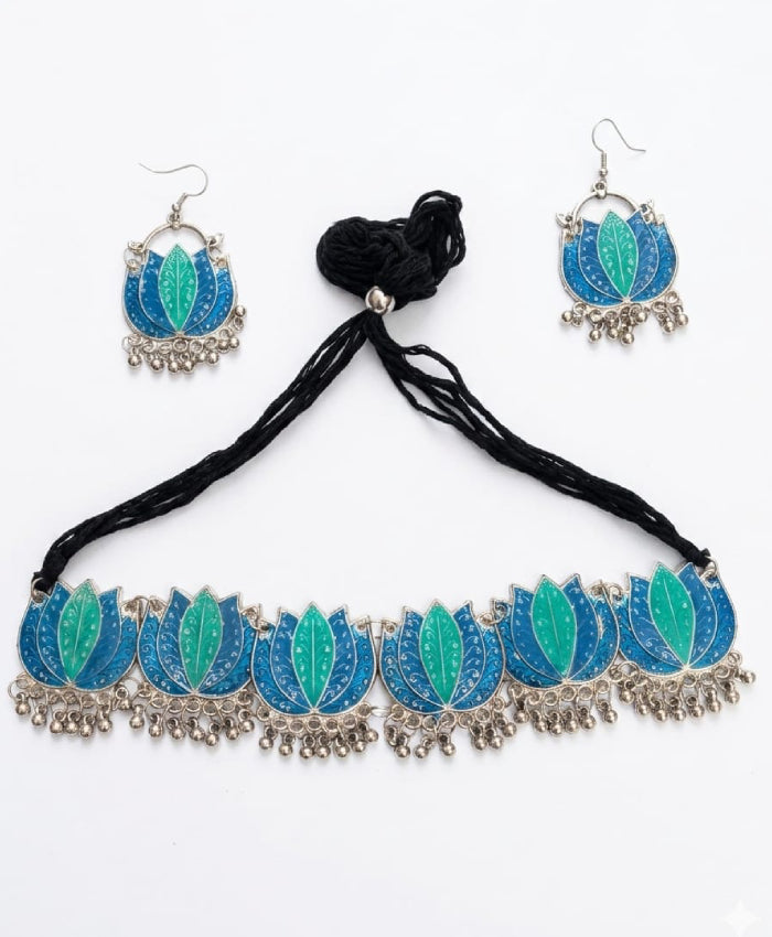 Blue Green Lotus Enamel Jewellery Set