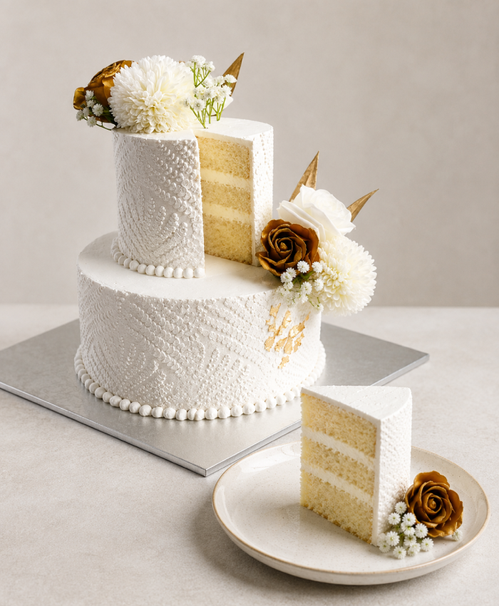White Lace Textured Two-Tier Floral Wedding Cake