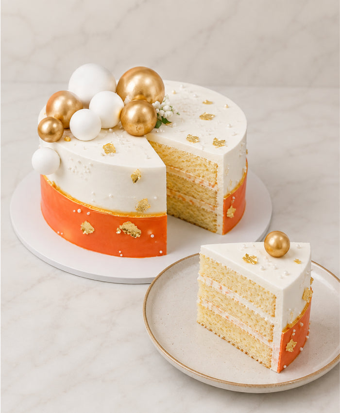 Personalized Family Photo Cake with Gold Spheres & Edible Gold Leaf