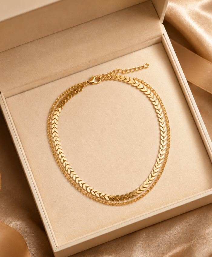 Gold-Tone Double-Layer Herringbone Chain Necklace