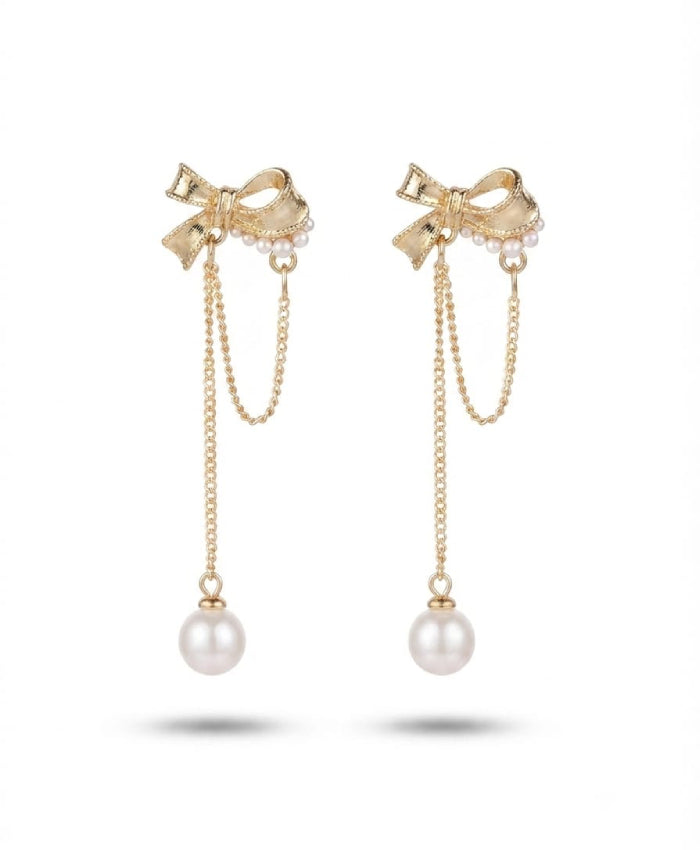 Golden Bow Pearl Chain Drop Earrings