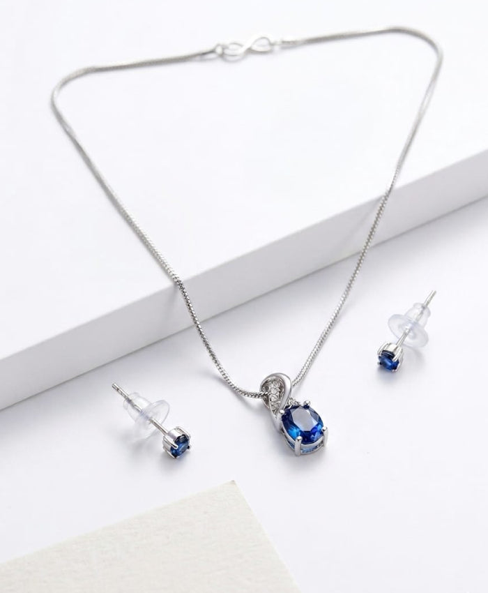 Sapphire Blue Pendant Necklace and Stud Earrings Set