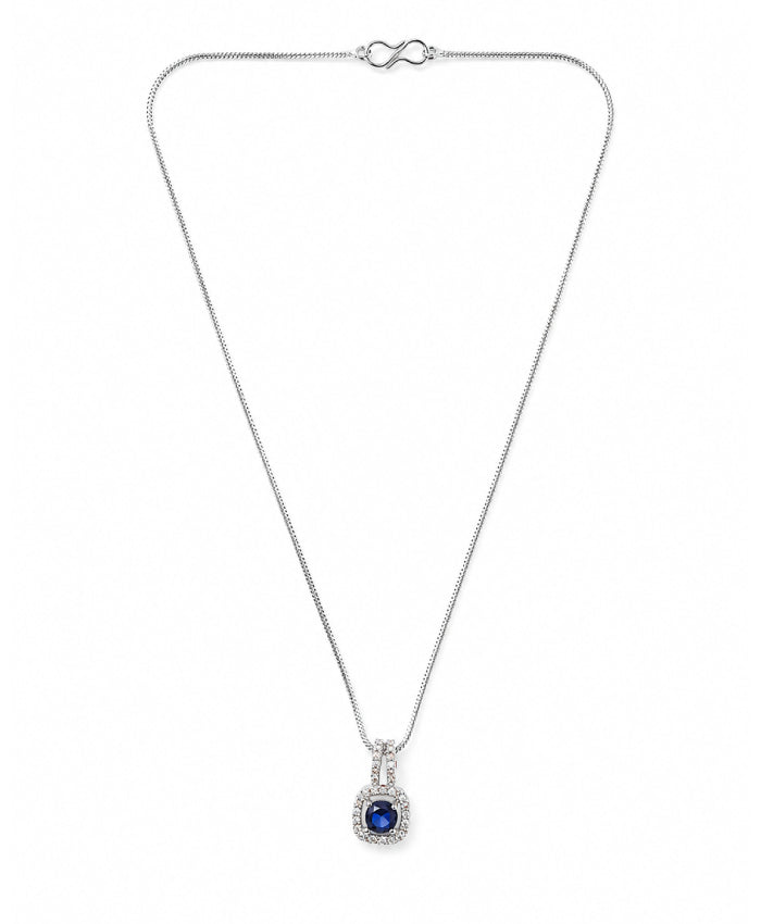 Elegant Blue Stone Halo Pendant Necklace for Women – Silver-Tone Statement Jewellery