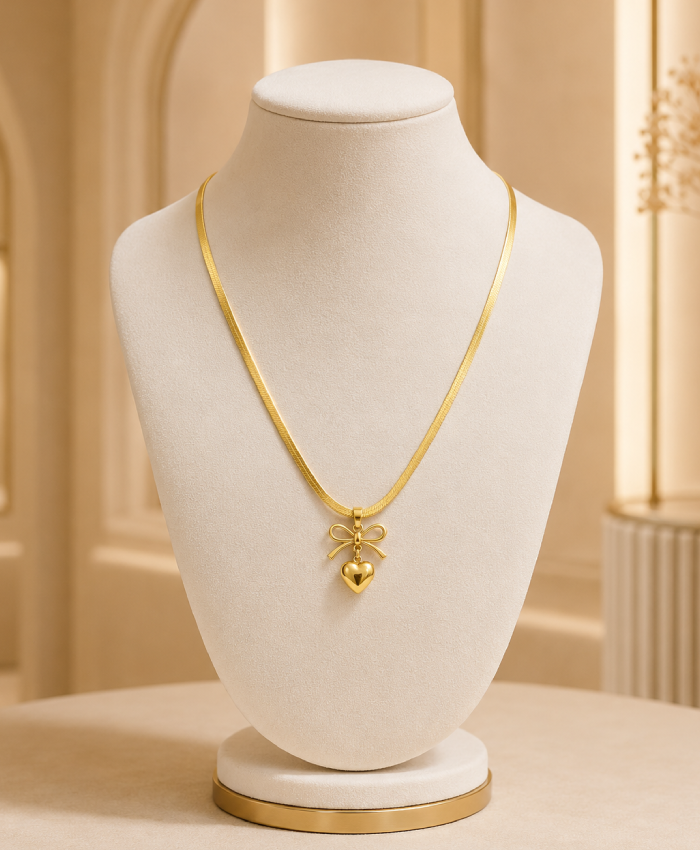 Gold-Tone Bow & Heart Pendant Necklace for Women – Elegant Minimal Fashion Jewellery