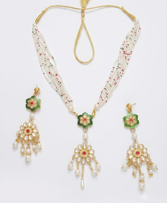 Green Floral Pearl Multistrand Jewellery Set