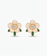 Peach Floral Green Leaf Stud Earrings