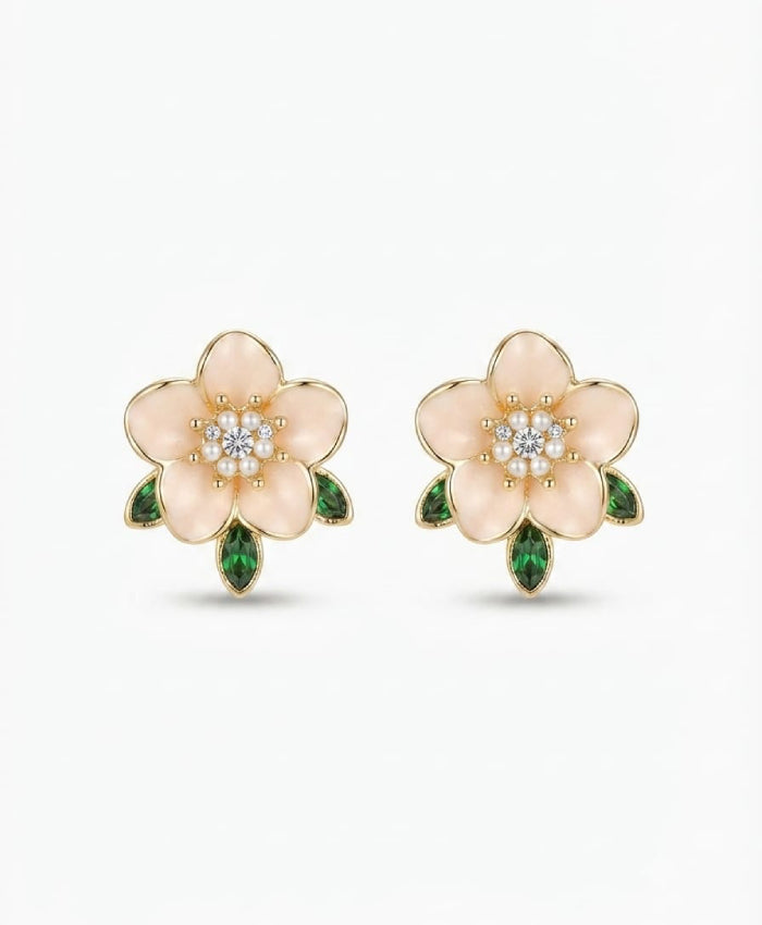 Peach Floral Green Leaf Stud Earrings