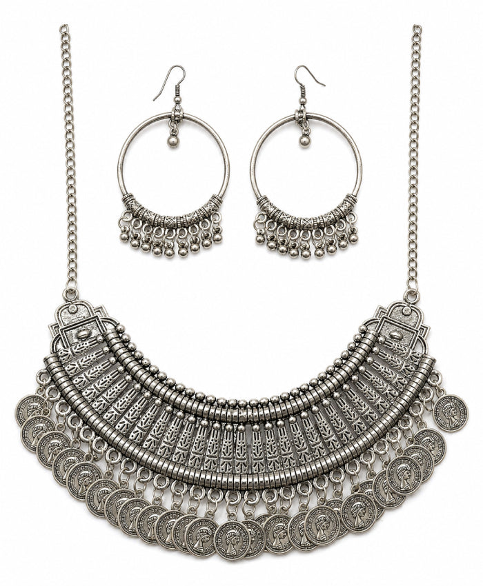 Oxidised Silver Coin Necklace and Earrings Set