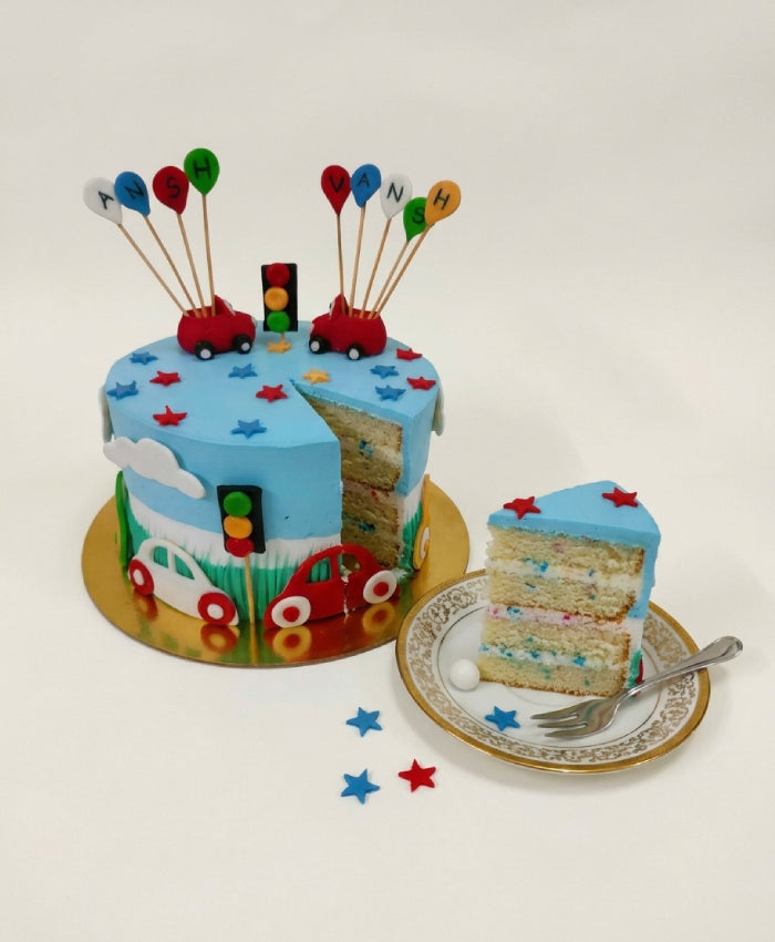Colorful Car & Balloon Fondant Theme Vanilla Cake