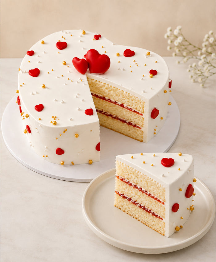 Romantic White Heart Cake with Red Hearts & Gold Pearls