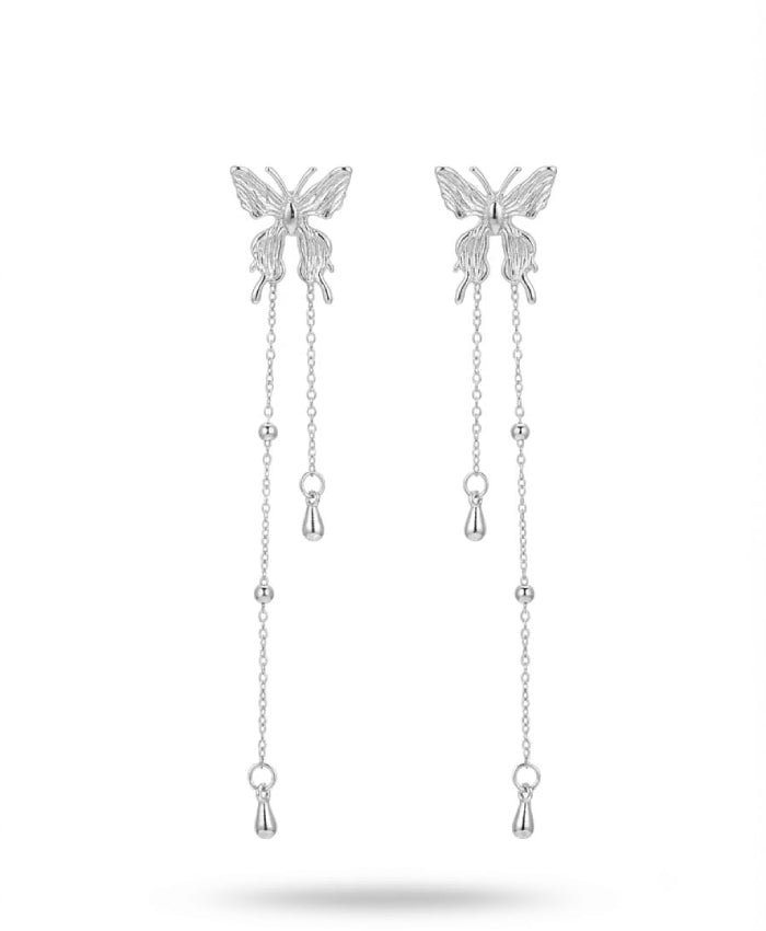 Silver Butterfly Chain Drop Earrings