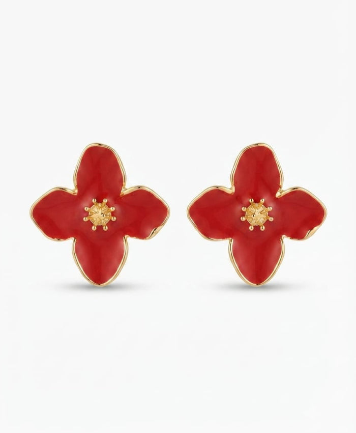Ruby Red Floral Enamel Stud Earrings