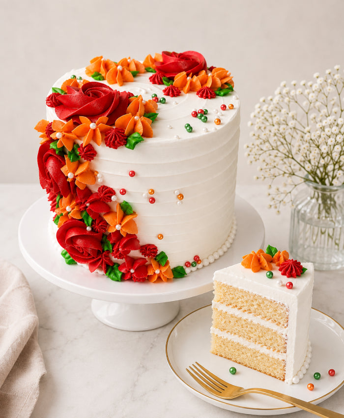 Vibrant Red & Orange Buttercream Floral Cake