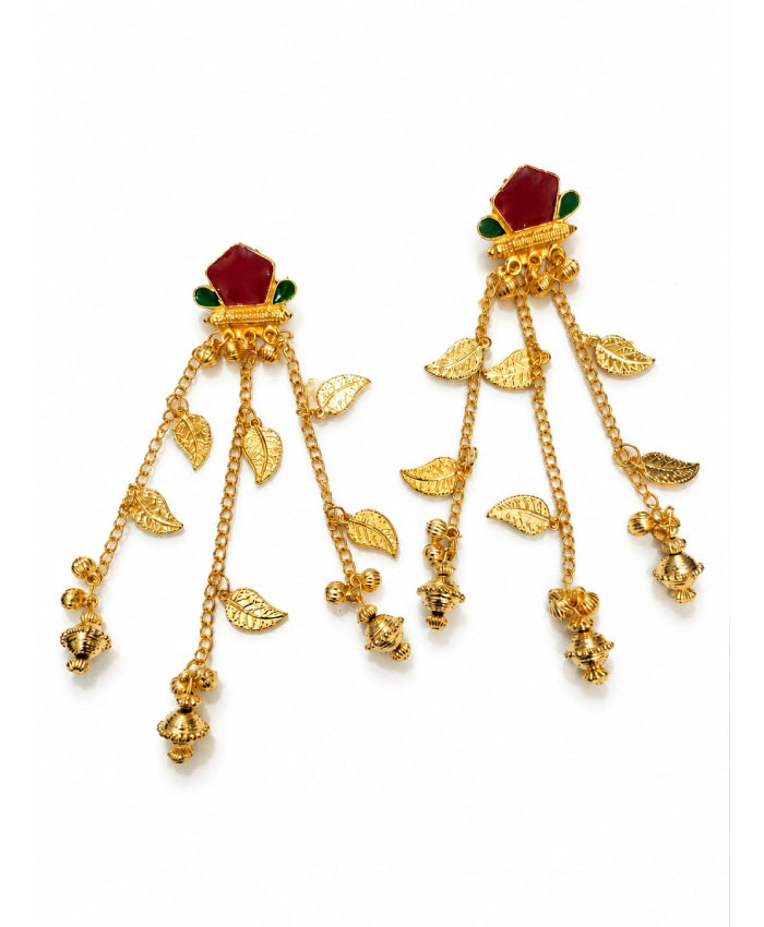 Gold-Tone Red Green Leaf Earrings