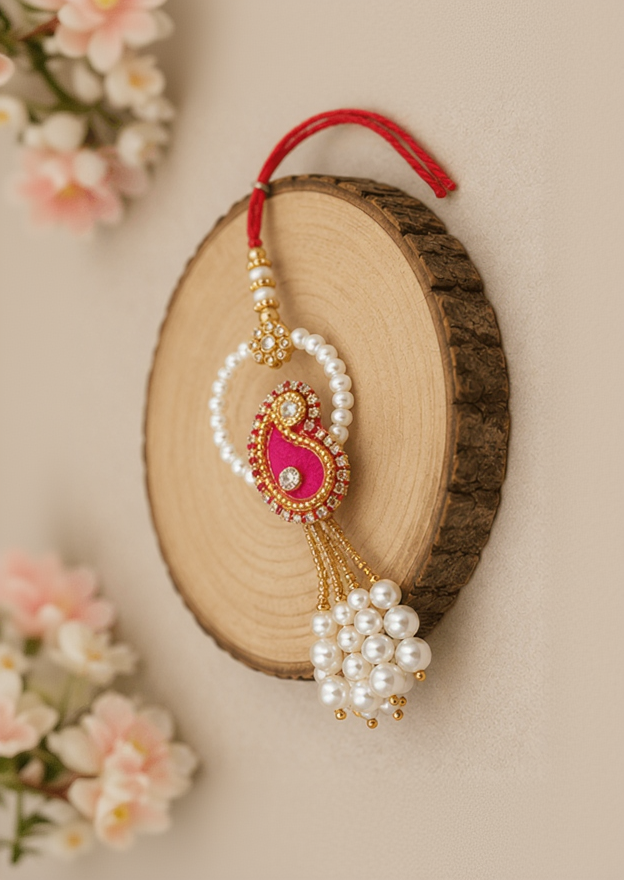 Pink Pearl Paisley Designer Lumba Rakhi