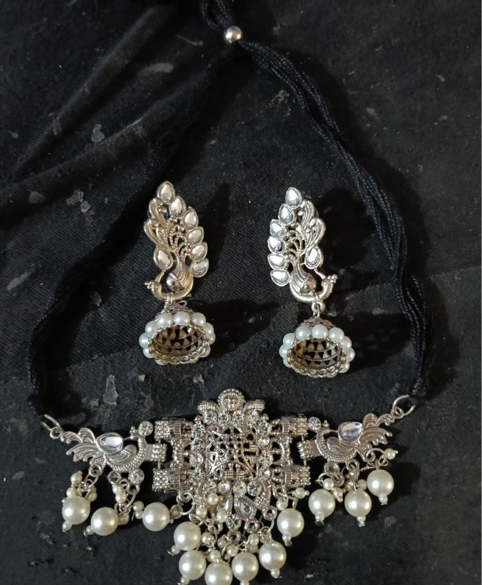 Mayurika Silver Peacock Pearl Necklace Set