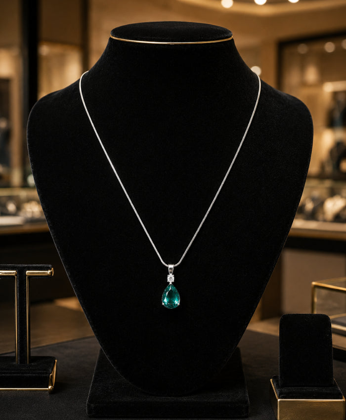 Elegant Teardrop Green Gemstone Pendant Necklace – Silver-Tone Chain
